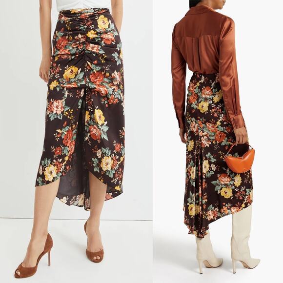 Veronica Beard Pixie Floral Print Skirt Oxblood Multi Silk Ruched Midi Size S 4 - Picture 1 of 13